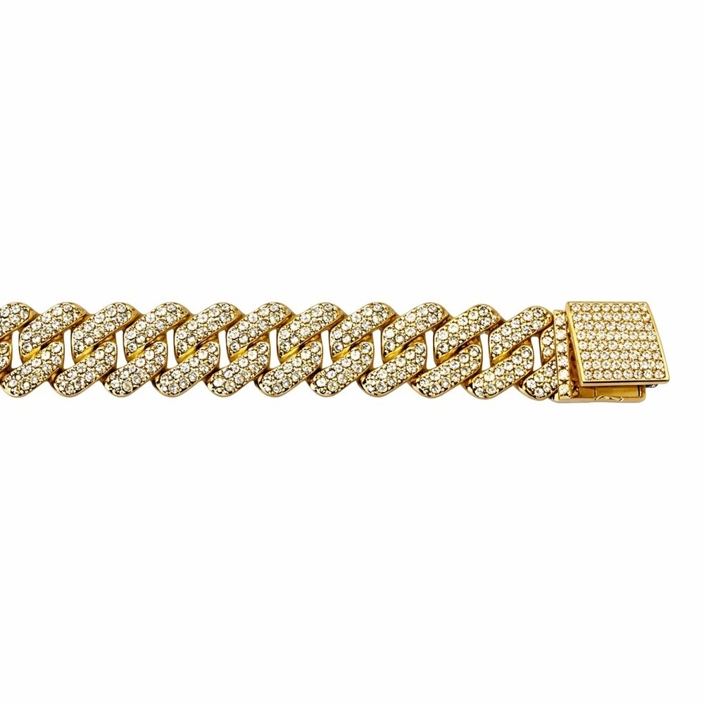 Gold Cuban Link Bracelet with Pave Crystals 14mm • 7.5” - Picture 6 of 7